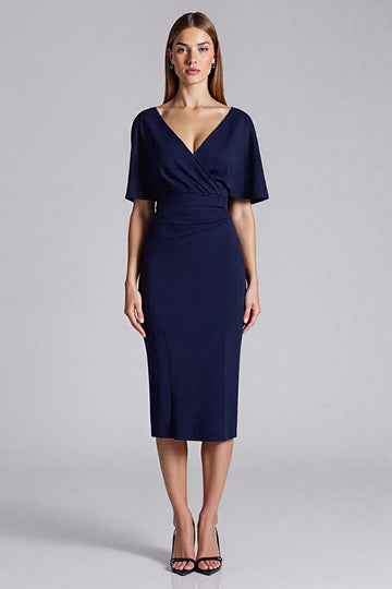 Sheath Short Sleeve Navy Midi Formal Dress